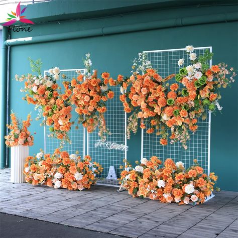 48.25US $ 40% OFF|Burnt Orange Flower Arrangement Mariage Wedding Backdrop Decoration Artificial Dahlia Green Leavf 1.3x0.9m Floral Row Event Deco| |   - AliExpress Wedding Decorations Luxury, Wedding Flowers Orange, Floor Flower, Orange Wedding Flowers, 60 Birthday, Arch Decor, Backdrop Decor, Wedding Backdrop Decorations, Flowers Orange