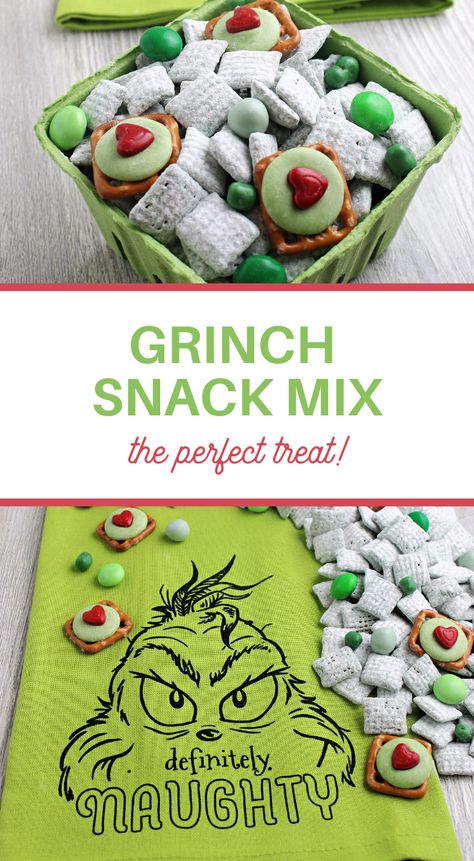 Everyone will gobble up this Grinch Snack Mix Recipe! Get those hands ready to dig in! Easy Grinch-themed treats! Grinch Theme Crafts, Grinch Theme Class Party, Grinch Christmas Snack Ideas, Grinch Day Preschool Snack, Easy Grinch Snacks For Kids, Grinch Party Snacks Kids, Winter Theme Snacks For Kids, Grinch Themed Birthday Party Food, Grinch Chex Mix Recipes