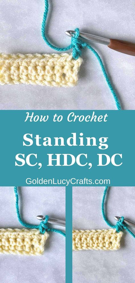 Photo and video tutorial on crochet standing stitches single crochet (sc), half double crochet (hdc), and double crochet (dc) Crochet Standing Stitch, Standing Crochet Stitch, Standing Stitch Crochet, Standing Double Crochet Tutorial, Hdc Crochet, Crochet Hacks, Practical Crochet, Crochet Hdc, Beginning Crochet