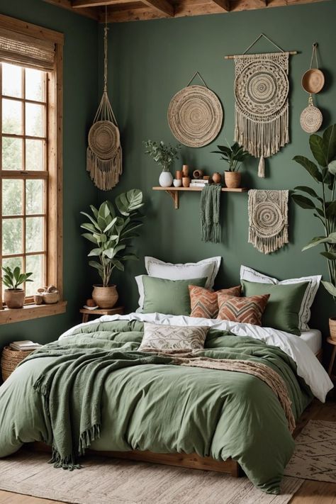 Green Boho Comforter, Boho Daybed, Boho Style Bedroom Decor, Boho Style Bedroom Ideas, Sage Green Curtains, Olive Bedroom, Style Bedroom Ideas, Bohemian Bedroom Inspiration, Boho Bedrooms