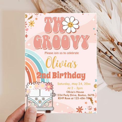 Retro Rainbow Two Groovy 2Nd Birthday Invitation #zazzle #weddinginvitations #birthdayinvitations #babyshowerinvitations #zazzleinvitations #monogram #businesscards #graduation #homedecor Groovy Birthday Party Invitations, Two Groovy Birthday Invitation, 2 Groovy Birthday Party, Two Groovy Invitation, Two Birthday Ideas, Baby Girl Birthday Party Ideas, Groovy 2nd Birthday, 2nd Bday Theme, Two Groovy Party