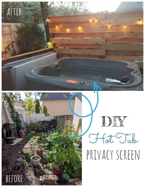 DIY Hot Tub Privacy Screen Diy Hot Tub Privacy, Diy Hot Tub Privacy Ideas, Hot Tub Decorating Ideas Patio, Privacy For Hot Tub Ideas, Privacy Ideas For Hot Tubs, Privacy For Hot Tub, Inflatable Hot Tub Privacy Ideas, Hot Tub Privacy Wall, Hot Tub Garden Ideas Small Backyards