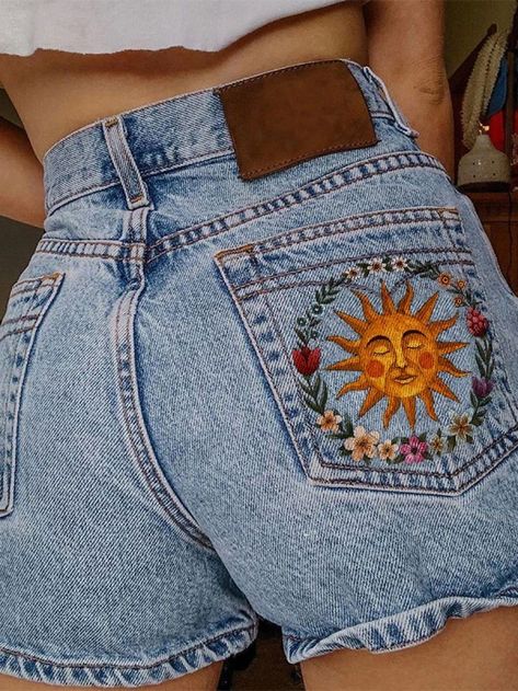 Vacation Fashion, Estilo Hippy, Mode Hippie, Estilo Hippie, Diy Vetement, Mode Boho, Print Denim, Shorts Casual, Embroidered Clothes