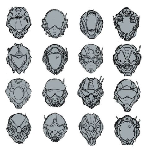 Demon Helmet Concept Art, Future Helmet Concept, Alien Helmet Concept Art, Mech Helmet Design, Robot Helmet Design, Robot Mask Design, Cyberpunk Helmet Design, Cyberpunk Helmet Concept Art, Space Helmet Drawing