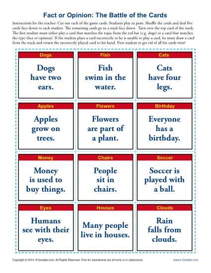 Fact and Opinion Worksheets - The Battle of the Cards Activity Fact Or Opinion Activities, Fact Vs Opinion Activity, Fact Opinion Activities, Fact Vs Opinion, Fact And Opinion Worksheet, Fact Or Opinion, Facts And Opinions, Ela Games, Teaching Reading Skills