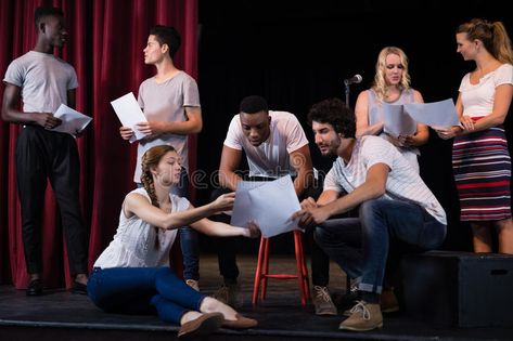 Actors reading their scripts on stage. In theatre stock photography Theatre Rehearsals, Acting Quotes, Student Images, Acting Auditions, Acting Techniques, Business Workshop, Diy Bird Bath, Small Theatre, Acting Class