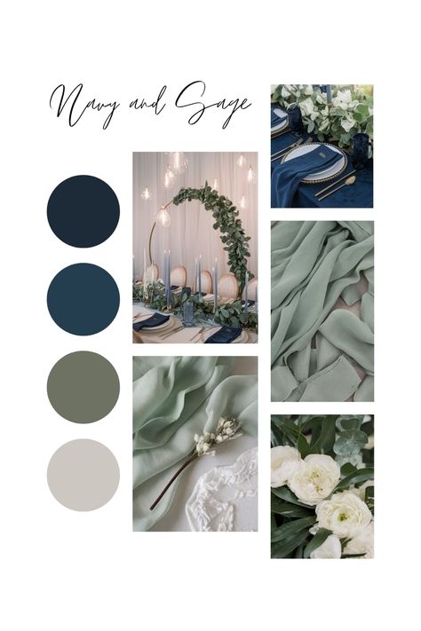 Navy and sage wedding table decor with greenery and gold accents. Navy Sage And Cream Wedding, Wedding Grey Color Schemes, Peacock Blue Wedding Colors, Sage And Blue Color Palette Wedding, Hunter Green Wedding Palette, Sage Green Wedding Arch Ideas, Sage Green And Blue Wedding Colors, Dusty Blue Navy And Sage Green Wedding, Wedding Colour Schemes Navy