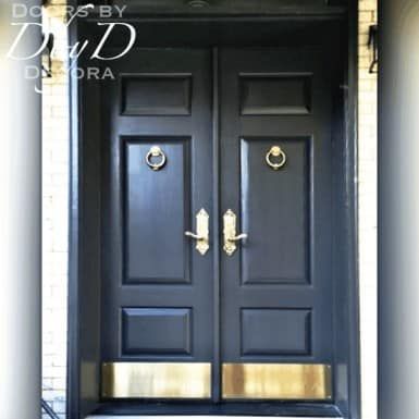 A beautiful pair of solid double doors with custom bottom rail to accommodate a large kick plate. Wood Double Doors, Door Archway, Entry Door Styles, London Doors, Custom Entryway, Estate Exterior, Exterior Garage Door, Door Kick Plates, Entryway Doors