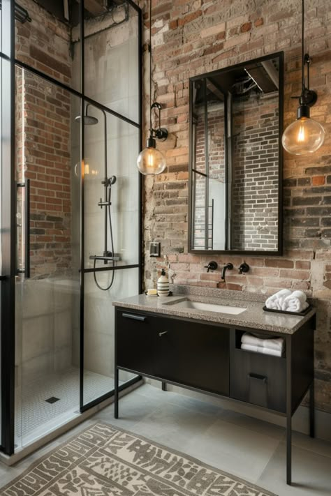 Learn what works and what doesn't when designing your perfect industrial bathroom. Bathroom With Exposed Brick, Exposed Brick Bathroom Ideas, Brick Wall Bathroom Ideas, Industrial Boho Bathroom, Exposed Brick Interior Design, Brick In Bathroom, Brick Wall Basement, Modern Industrial Basement, Modern Industrial Bathroom Design