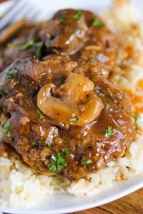 Slow Cooker Salisbury Steak {Easy Meal!} - Spend with Pennies Crockpot Salisbury Steak Recipe, Crockpot Salisbury Steak, Salisbury Steak Crockpot, Easy Salisbury Steak, Salisbury Steak Recipe, Slow Cooker Salisbury Steak, Swiss Steak, Salisbury Steak Recipes, Hamburger Steak