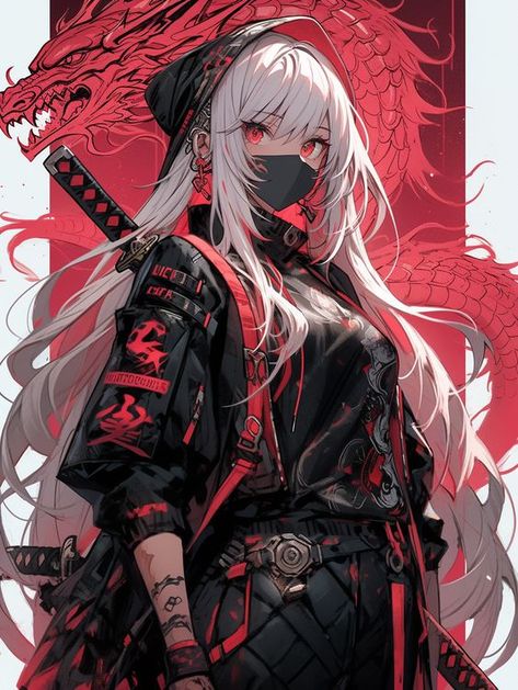 Art Prints Anime, Black And Red Outfit, Anime Phone Cases, Samurai Anime, Cyberpunk Anime, Cat Artwork, Anime Warrior, Anime People, Anime Monochrome