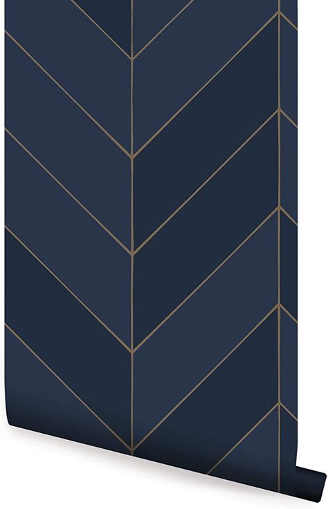 Gold Chevron Wallpaper, Blue And Gold Wallpaper, Navy Blue Bathrooms, Navy Bathroom, Chevron Wallpaper, Wallpaper Inspiration, House Color Palettes, Salon Suites, Small Toilet