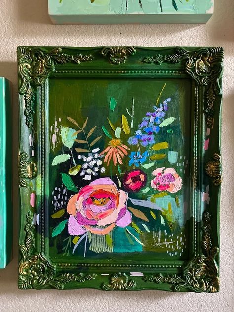 Frames Painted On Wall, Unique Canvas Art Ideas, June Painting Ideas, Diy Painting For Living Room, Canvas Painting Frame Ideas, Wendy Brightbill Art, Maximalist Art Paintings, Creative Canvas Ideas, Diy Art Paintings