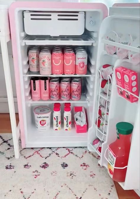 Aesthetic Mini Fridge, Mini Fridge In Bedroom Aesthetic, Mini Fridge In Bedroom, Pink Mini Fridge, Hangout Room Ideas, Pink Fridge, Dorm Fridge, Pink Dorm Rooms, Pink Dorm