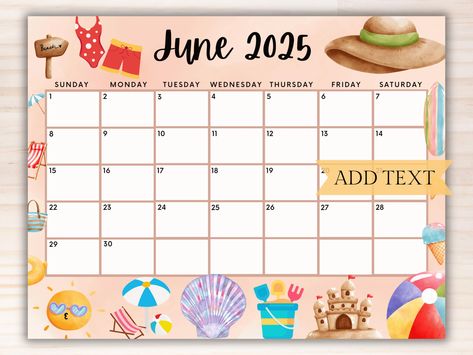 Editable June 2025 Calendar, Printable Summer Calendar w/ Sun,  Cute Beach Calendar, School Schedule, Kids Calendar, June Planner w/ Summer by cherylprintables on Etsy June Planner, Schedule Monthly, Summer Calendar, Calendar June, Editable Calendar, Classroom Calendar, Cute Calendar, Text Graphics, Family Calendar