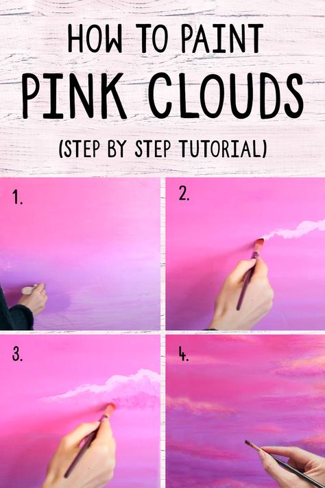 The easy way to paint a pink cloud sky background in acrylic paints. An easy to follow step by step art tutorial! How To Paint Pink Clouds, How To Paint Sunset Clouds, Pink Acrylic Painting Ideas, Pink Sky Painting Acrylic, Pink Sunset Painting Acrylic, Acrylic Background Painting, Sky Background Painting, Pink Background Painting, How To Paint Clouds