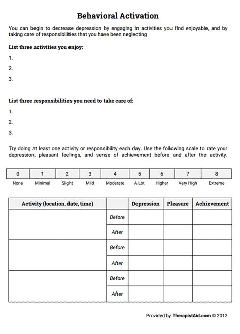 Behavioral Activation (Worksheet) | Therapist Aid Therapist Aid Worksheets, Behavioral Activation, Adolescent Therapy, Counseling Techniques, Cbt Worksheets, Counseling Worksheets, Motivational Interviewing, Mental Health Counseling, School Social Work