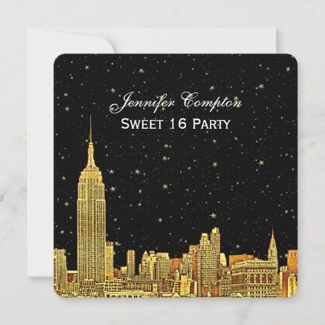 $2.71 | Gold NYC Skyline Etched Starry Sky SQ Sweet 16 Invitation #newyorkcity #newyork #skyline #nyc #newyorkthemed #empirestatebuilding #chryslerbuilding #manhattan #sweet16 #sweetsixteen #etched #newyorktheme #invitations #invitation #parties #white #nycismymuse.com New York Theme, 16 Invitations, Sweet Sixteen Parties, Nyc Skyline, Manhattan Skyline, Sweet 16 Invitations, Sweet 16 Parties, Save The Date Invitations, Wedding Save The Date