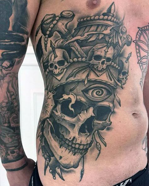 Mens Side Tattoos, Rib Tattoos For Guys, Cage Tattoos, Pirate Tattoo, Ribcage Tattoo, Evil Tattoos, Cool Chest Tattoos, Chest Tattoos, Chest Tattoos For Women