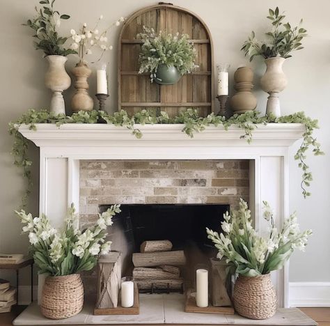 Rustic Chic Mantle Decor, Fireplace Mantle Flowers, Greenery For Mantle Fire Places, Fireplace Mantle Floral Arrangement, Wedding Mantle Decor Fireplaces Rustic, Fireplace Hearth Decor, Shabby Chic Fireplace, Hearth Decor, Fake Fireplace