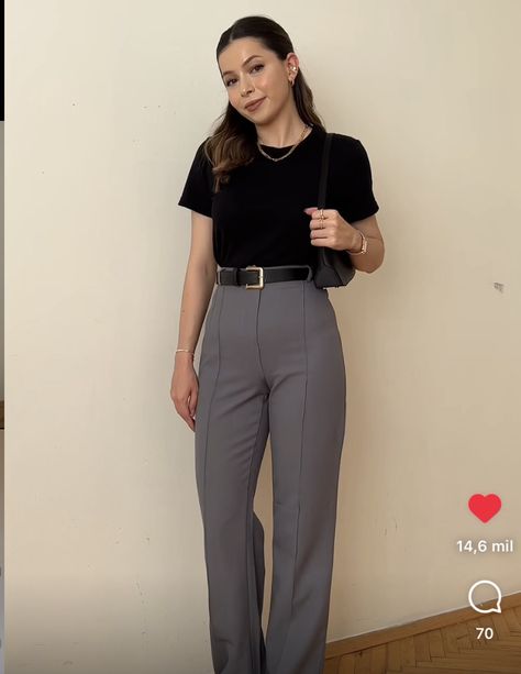 How To Style Grey Trousers Women, Dark Gray Slacks Outfit Women, Grey Business Pants Outfit, Gray Work Pants Outfit, Gray Slacks Outfit Women, Slacks Outfit, Grey Pants Outfit, Coat Outfit Casual, Pants Outfit Work