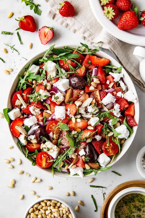 Greek-style-Summer-Watermelon-Salad_featured_2 Summer Plates, Vegan Feta, Salad With Tomatoes, Vegan Greek, Vegan Feta Cheese, Simple Vinaigrette, Refreshing Food, Summer Dining, Watermelon Salad