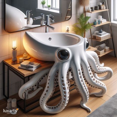 Sea Creature Sinks 🌊🚰🦑 #seacreaturesinks #underwaterbathroom #luxuriousgrooming Dive into luxury with Sea Creature Sinks, where the beauty of the ocean meets your grooming routine. From seashell-shaped basins to intricate octopus designs, each sink becomes a stunning centerpiece for your bathroom. Elevate your grooming space with Sea Creature Sinks, where every wash is an underwater-inspired indulgence. 🚿🐚✨ Toilet Design Modern, Creative Bathroom Design, Unusual Furniture, Fantasy Furniture, Creative Bathroom, Restroom Decor, Unique House Design, Fantasy Homes, Unique Bathroom