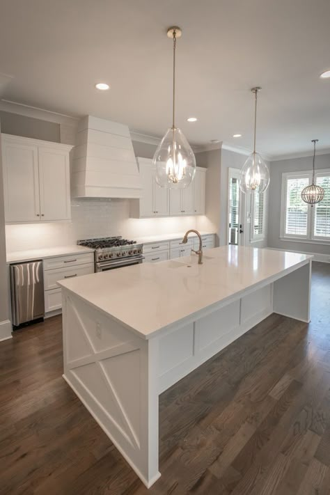 Modern Kitchen Design White Shaker Cabinets, Kitchen Small White Cabinets, Farmhouse Kitchen Island White, White And Good Kitchen, White Countertops White Cabinets Kitchen, White Kitchen Inspo Farmhouse, Brass Hardware On White Cabinets, Modern Day Kitchen, White Kitchen Cabinets With Chrome Hardware