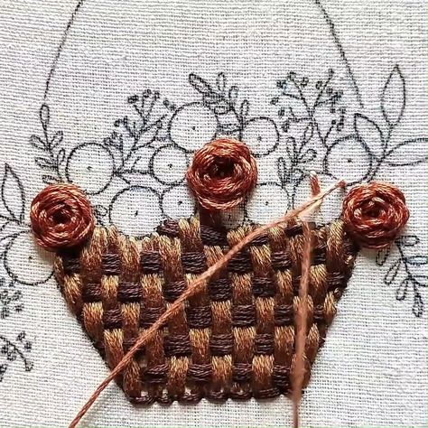 Hand Embroidery Stitches for Flower Basket | embroidery, flower, basket, design | Hand Embroidery Stitches for Flower Basket #basket #embroidery #handmade #design #flowers | By A to Z Hand Embroidery Basket Stitch Embroidery Design, Flower Basket Embroidery Design, Embroidery Basket Of Flowers, Basket Weave Embroidery, Basket Embroidery Design, Flower Basket Embroidery, Embroidery Brazilian, Basket Embroidery, Diy Embroidery Flowers