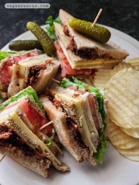 Classic Turkey Club Sandwich - Vegan -Recipe on the blog - select the link. #vegan #clubsandwich #classicclub #plantbased #veganrescue #vegenaise #chao #unreal #sandwich #sandwichrecipe #recipe Vegan Club Sandwich, Sandwich And Chips, Club Sandwich Recipe, Turkey Club Sandwich, Vegan Turkey, Club Sandwich Recipes, Vegan Sandwich Recipes, Classic Turkey, Turkey Club