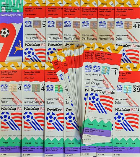 Lot 290C - World Cup 1994 Collection of Media football Tickets a complete  set (52 Football Ticket Design, Football Branding, Football Graphic Design, Football Trivia, Trivia App, Football Ticket, Art 2024, Ticket Design, Vintage Packaging