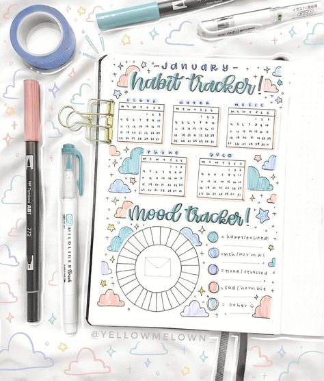 8,288 curtidas, 142 comentários - melanie’s bujo ☺︎︎ (@yellowmelown_) no Instagram: “happy saturday!! first time making a habit tracker and mood tracker!! i forgot to post this…” March Bullet Journal, Bullet Journal Font, Bullet Journal Ideas Templates, Habit Tracker Bullet Journal, Bullet Journal Tracker, Bulletin Journal Ideas, Habit Trackers, Bullet Journal Notebook, Bullet Journal Design Ideas