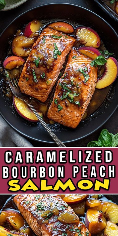 Treat yourself to this mouthwatering Caramelized Bourbon Peach Salmon 🥃🍑. The sweet bourbon glaze and juicy peaches create the perfect balance of flavors for a unique and delicious dinner. Perfect for summer nights or a special date night in! 🌿🍽️ #BourbonSalmon #PeachRecipes #GourmetDinner Unique Salmon Recipes, Sweet Bourbon Glaze, Balsamic Salmon Recipes, Salmon Marinade Recipes, Bourbon Salmon, Balsamic Salmon, Mango Salmon, Bourbon Glazed Salmon, Peach Glaze