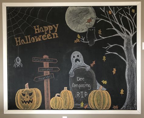 C.R. Halloween  board 2018 Halloween Chalk Board Decor, Whiteboard Art Halloween, Halloween Chalkboard Art Diy, Chalk Halloween Art, Halloween White Board Ideas, Spooky Chalkboard Art, Halloween Whiteboard Art, Halloween Chalk Art, Corporate Barbie