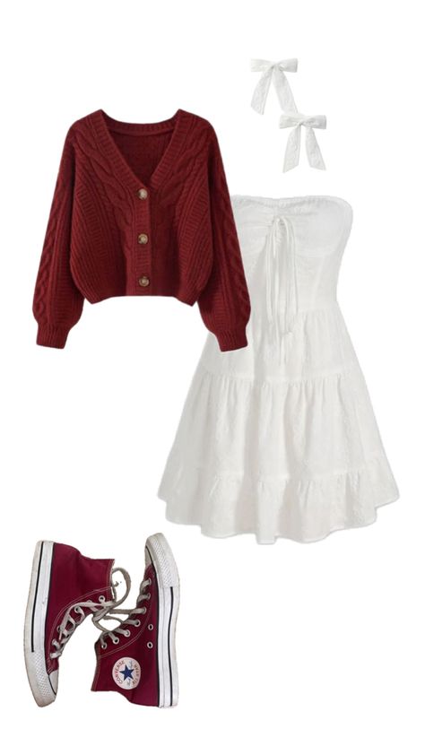 white dress w cardigan and converse Stripped Dresses Outfits, Outfits With Red Sweaters, Red White Christmas Outfit, White Red Outfit Aesthetic, Red Cardigan Christmas Outfit, Christmas Outfit Red And White, White And Red Outfit Ideas, White Purse Outfit Ideas, Christmas Outfits Aesthetic Dresses