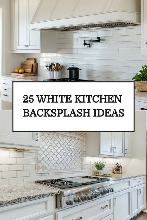 Discover stunning white kitchen backsplash ideas for your modern farmhouse style. Be inspired by chic white tiles that elevate your kitchen's aesthetic. Whether you prefer a classic subway tile or a unique brick design, these ideas will transform your space. Create a bright, clean look with these contemporary white kitchen backsplash options. From sleek tiles to textured bricks, find the perfect inspiration for your home renovation project. White Backsplash With White Countertops, Kitchen Backsplash Antique White Cabinet, Unique White Tile Backsplash, Classic White Backsplash, Most Popular Backsplash Kitchen, Kitchen Backsplash Classic, White Kitchen With White Subway Tile, White Kitchen Cabinets And Backsplash, Farmhouse Brick Backsplash