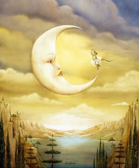 Dance with the Moon. Paintings that Spill over into the World of Surrealism. By Agnes Boulloche. Night Kiss, Sweet Dreams My Love, Good Night World, Gold Night, Dream Night, Slaap Lekker, Cute Good Night, Weekend Humor, Good Night Friends