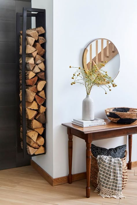 Open Storage Ideas, Wood Holder For Fireplace, Firewood Holder Indoor, Indoor Log Storage, Indoor Firewood Rack, Firewood Storage Indoor, Entryway Table Decor Ideas, Storage Fireplace, Firewood Racks