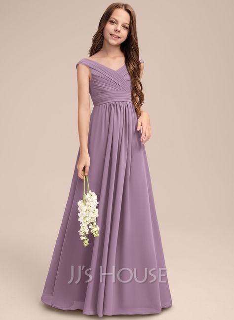 A-Line Off-the-Shoulder Floor-Length Chiffon Junior Bridesmaid Dress With Pleated (009260846) Daughter Of The Bride Dresses Teenage, Flower Girl Dresses Teenager, Wedding Dress For Teenage Girl, Bridesmaid Dresses For Teens, Teenage Bridesmaid Dresses, Kids Western Wear, Kids Bridesmaid Dress, Church Wedding Dress, Kids Fasion