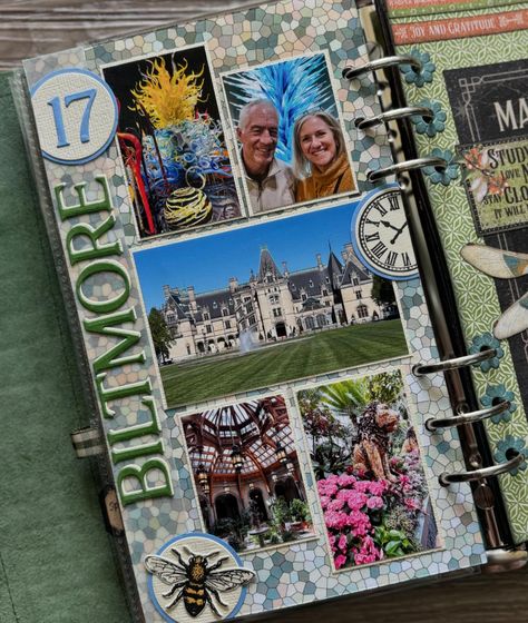 Week 17 in my memory keeping planner. We finally visited the Biltmore Estate in NC. I’ve created a video of how this page came together and a little trick with heavy vellum, along with a bonus segment on what I did with the many other photos I took that don’t fit in one planner page. Link in bio for my YouTube channel. If you can’t find it, let me know. #week17 #planners #planneressentials #thislovelylife #everydayelements #memorykeeping #annettegreen #ecraftdesigns #elizabethcraftdesigns Annette Green, Travel Elements, The Biltmore Estate, The Biltmore, Planner Essential, Journal Travel, My Memory, Planner Tips, Biltmore Estate