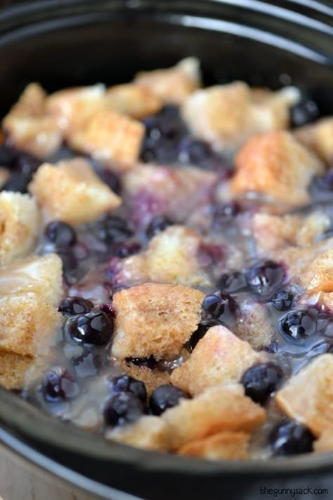 Slow Cooker Blueberry Bread Pudding Recipe Blueberry Bread Pudding Recipe, Slow Cooker Bread Pudding, Blueberry Bread Pudding, Crockpot Desserts, Slow Cooker Bread, Gunny Sack, Slow Cooker Breakfast, Crockpot Dinners, Sundae Bar