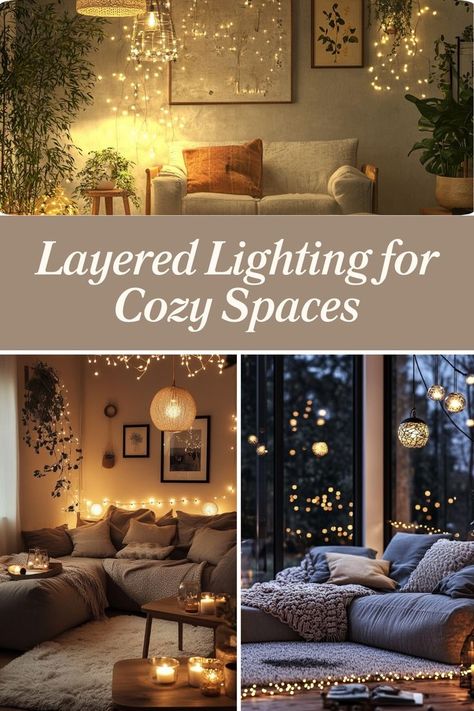 Use layered lighting to create a warm and cozy ambiance in your home. #LayeredLighting #CozyDecor #HomeAtmosphere Living Room String Lights, Hygge Lights, Mood Lighting Living Room, Corner Lighting, Layered Lighting, Vintage Boho Decor, Ambiance Lighting, Cozy Spaces, Cozy Lounge