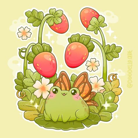 Cute Kawaii Animals Drawing, Cute Frog Art, Kawaii Frogs, Fairy Frog, Strawberry Fairy, Frog Illustration, Cute Kawaii Animals, Witchy Wallpaper, Frog Art