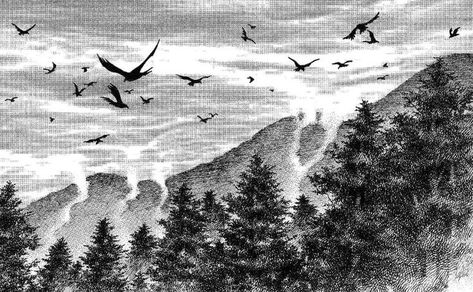 Landscape Manga Panel, Manga Landscape Black And White, Manga Scenery Black And White, Vagabond Landscape, Manga Mountains, Manga Background Landscapes, Anime Backdrop, Manga Forest, Manga Scenery