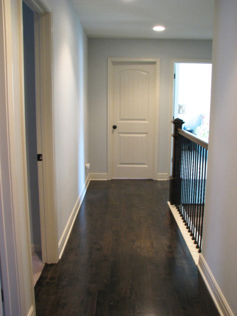 Completed Hardwoods in Hallway & Landing - Life Love Larson Wood Floor Stairs, Hall Ways Ideas, Hallway Landing, Light Paint Colors, Hallway Makeover, Staircase Ideas, Two Story House, Hardwood Floors Dark, Dark Hardwood