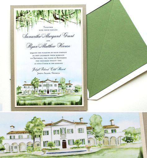 Custom Venue Illustration Wedding Invitations Island Wedding Invitations, Watercolor Italy, Hand Painted Invitations, Jekyll Island Wedding, Colorful Cities, Painted Wedding Invitation, Watercolour Wedding Stationery, Rome Wedding, Italy Destination Wedding