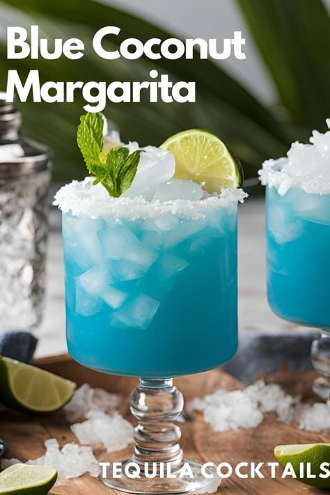 This pretty blue coconut cocktail is easy to make! Frozen blue margarita or serve on the rocks. A twist on a classic margarita recipe, this easy recipe uses Blue Curacao for a vibrant rum drink for blue themed party drinks and sipping pool side. Blue Curacao Drinks Coconut Rum, Shark Bowl Drink Recipe, Blue Margarita Recipe Pitcher, Blue Curacao Drinks Easy, Easy Margarita Recipes On The Rocks, Tequila Party Drinks, 1800 Coconut Tequila Recipes, Coconut Tequila Drinks, Silver Tequila Drinks