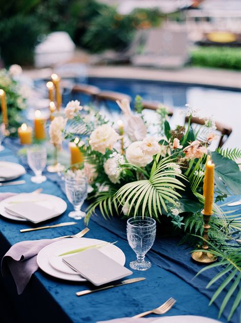 La Tavola Fine Linen Rental: Velvet Navy with Tuscany Silver Napkins | Photography: INGAVEDYAN Wedding Photography, Creative Direction, Styling & Art Direction: Donny Zavala Photography, Floral Design: Catalina Neal, Furniture Rentals, Les Saisons, Tabletop Decor: Maison de Ware Classic Blue Wedding, Tropical Wedding Theme, Tropical Wedding Decor, Rustic Wedding Decorations, Wedding Table Linens, Hawaiian Wedding, Tropical Decor, Hawaii Wedding, Island Weddings