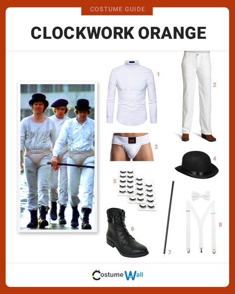 The best costume guide for dressing up like Clockwork Orange Alex DeLarge and his droogs from the classic dystopian film by Stanley Kubrick. A Clockwork Orange Book, Clockwork Orange Book, Clockwork Orange Costume, Costume Wall, Orange Costume, Alex Delarge, Malcolm Mcdowell, Got Costumes, Costume Guide