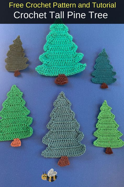 Get this free crochet pattern of a crochet pine tree. This and many other crochet patterns are available on my website, Kerri's Crochet. #FreeCrochetPatterns #CrochetPineTree #KerrisCrochet Crochet Mountain Applique, Christmas Tree Crochet Applique, Tree Crochet Pattern Free, Christmas Crochet Applique, Crochet Pine Tree, Crochet Ornaments Free Pattern, Christmas Applique Patterns, Pine Tree Pattern, Crochet Woodland